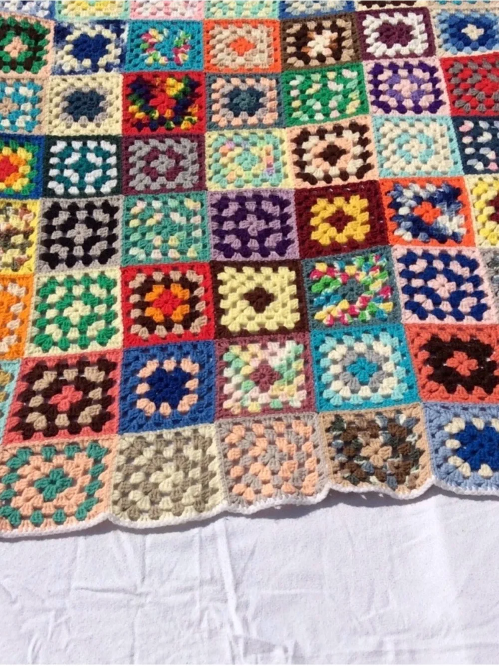 Vintage Handmade Colorful Crochet Granny Square Blanket